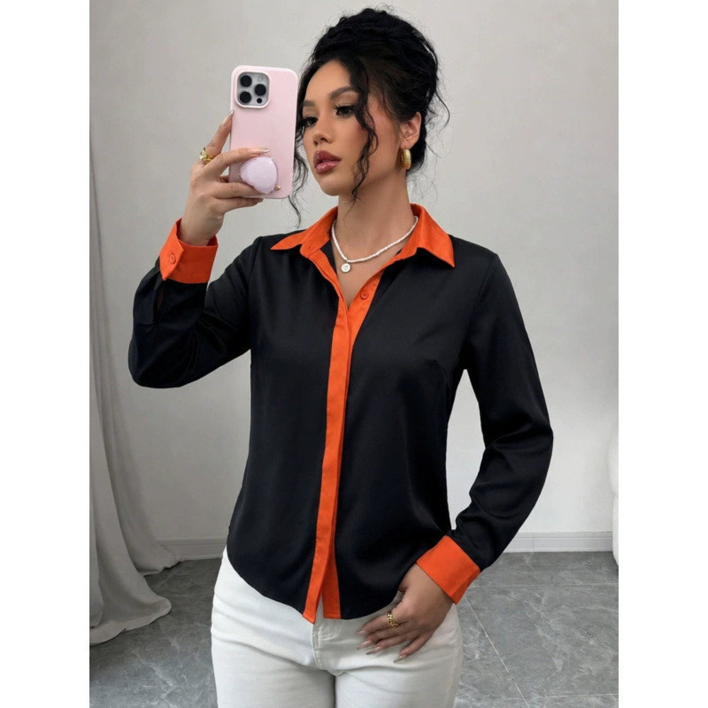 ZARA Chic Color Block Long Sleeve Loose Shirt Cardigan Women Fall
